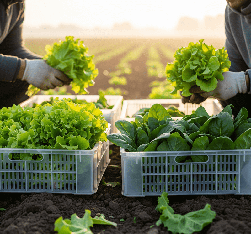 2 white baskets full of green vegetables