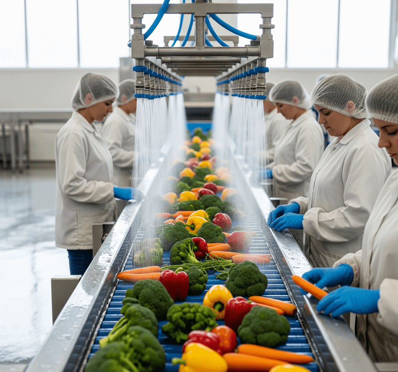 white apron workers cleaning vegetables in line