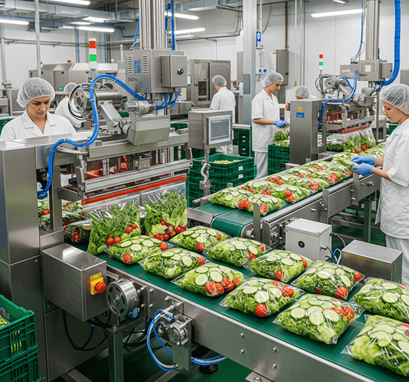 Salads getting packaged in a line