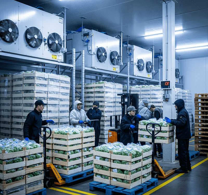 salads crates are stored in cold storage